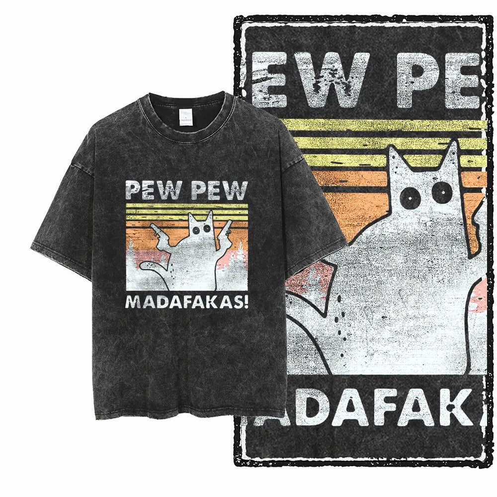 Pew Pew Madafakas Cat T-Shirt | Funny Retro Gun Cat Meme Acid Wash Tee | Vintage Unisex
