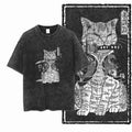 Samurai Cat Acid Wash T-Shirt | Japanese Warrior Cat Graphic Tee | Vintage Streetwear Unisex