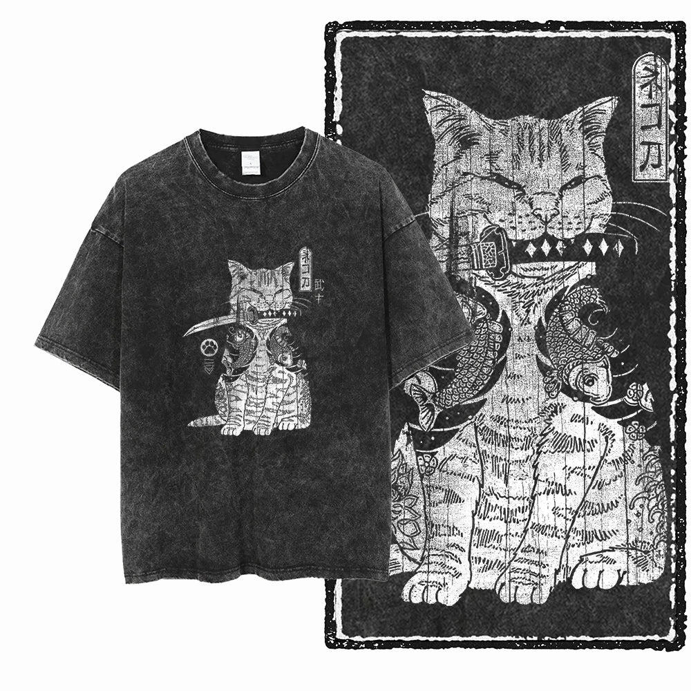 Samurai Cat Acid Wash T-Shirt | Japanese Warrior Cat Graphic Tee | Vintage Streetwear Unisex