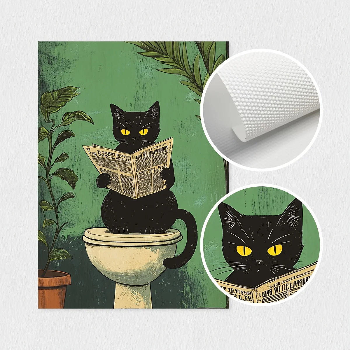 Funny Bathroom Black Cat Wall Art | Set of 3 Canvas Prints | Vintage Cat Toilet Poster